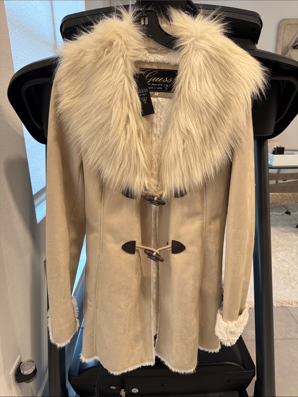 Guess Taupe and Cream Teddy Jacket with Faux-Fur Trim NWT